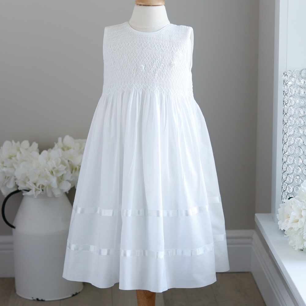 Strasburg Dress White Cotton Smocked Pearls Flower Girl Beach Portrait LIKE NEW